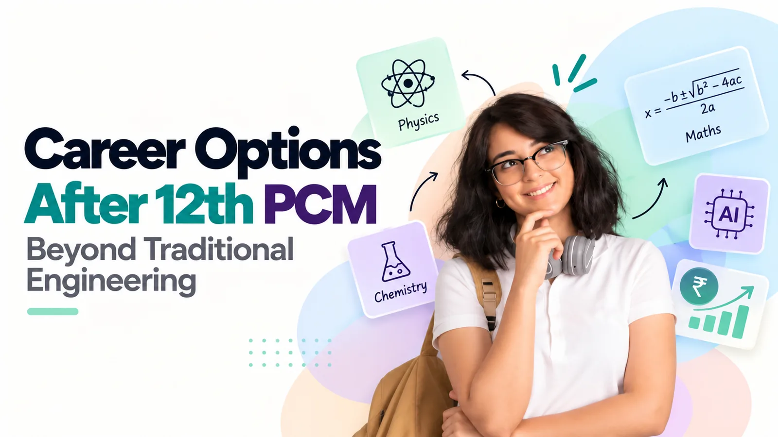 A Class 12 student considering career options after 12th PCM, surrounded by icons for Physics, Chemistry, Maths, AI, and finance.