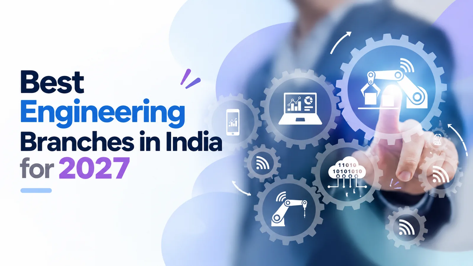 Interlocking gears holding icons for data analytics, robotics, cloud computing, and connected devices, representing the best engineering branches in India for 2027.