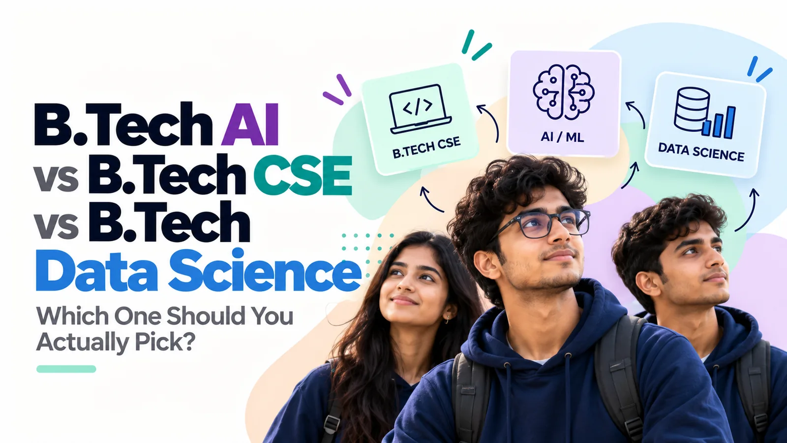 Three students looking up at icons for B.Tech CSE, AI/ML, and Data Science, representing the three B.Tech paths compared in this guide.