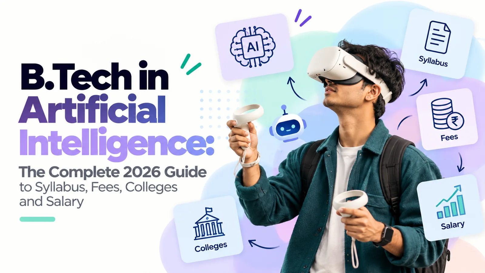 A student wearing a VR headset, surrounded by icons for syllabus, fees, colleges, and salary — the four things to check before choosing a B.Tech in Artificial Intelligence.