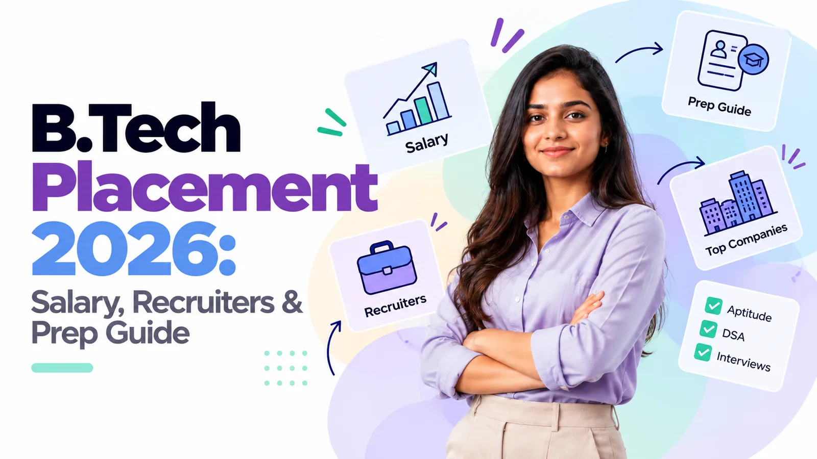 A B.Tech student surrounded by icons for salary, recruiters, top companies, and a prep checklist covering aptitude, DSA, and interviews.